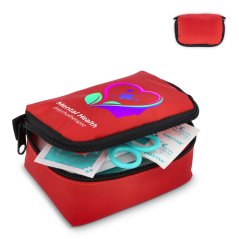 Cestovní lékárnička na kolo, lékárnička na turistiku - s reklamním potiskem na červeném nylonovém obalu, obsahuje 16ks pro první pomoc, vhodná jako firemní dárek pro zaměstnance, sportovní kluby, účastníky akcí