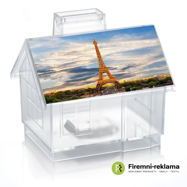 Transparent money box Sweet Home with custom print on the roof