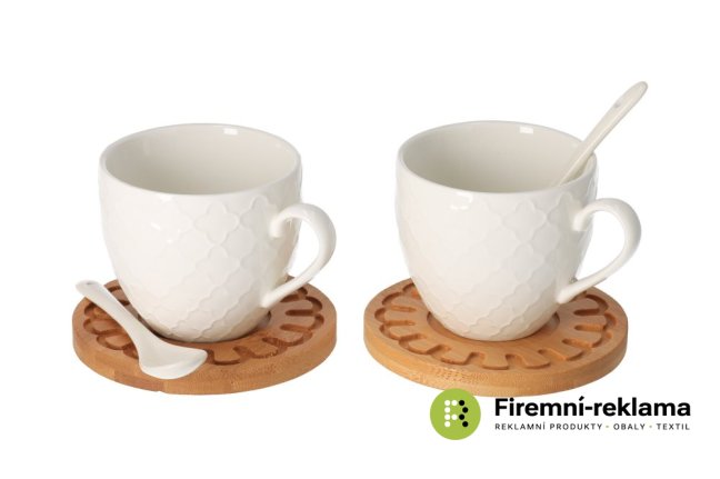 Wooden coaster with porcelain cup 0.25 l spoon 2 pcs