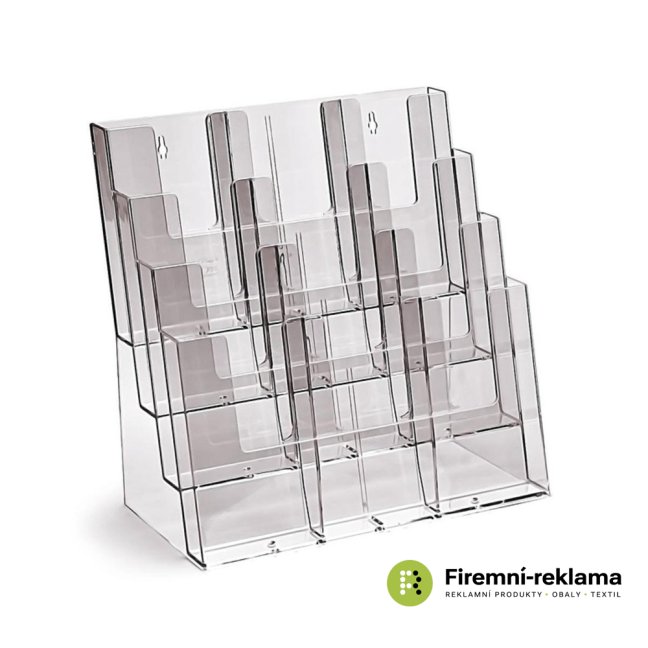 Stojánek na letáky formátu A4, 2 kapsy za sebou (bez děliče) - Barva: transparent, Varianta: Taymar® Brochure Holder Counter/Wall 12x DL Portrait, Velikost média: 12 x DL (99 x 210 mm)