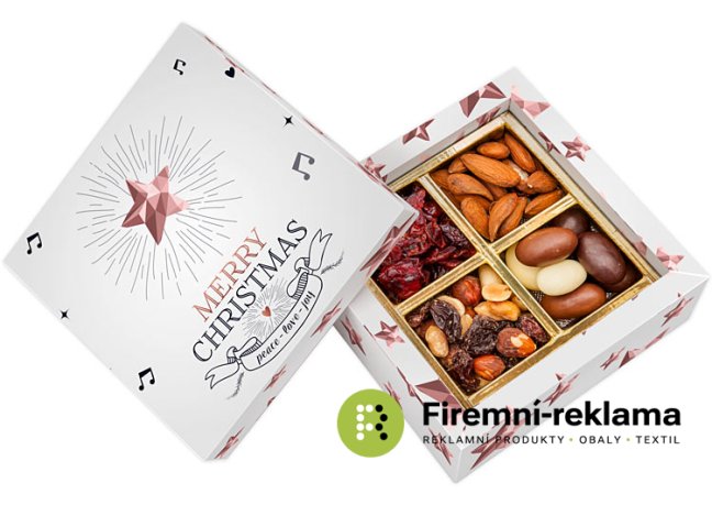 Reklamní VIP set s delikatesami (oříšky, suš. ovoce) v kartonové krabičce s vlastním potiskem, ideální jako luxusní dárek (nejen na Vánoce) pro obchodní partnery, klienty a zaměstnance