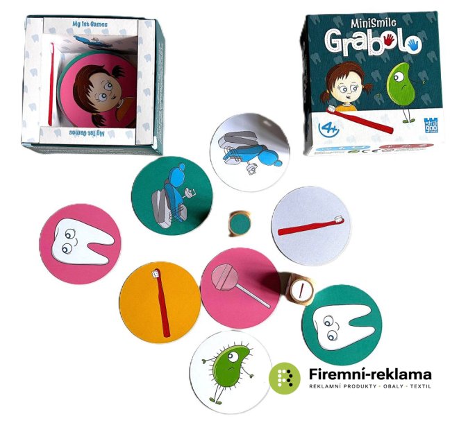 The Grabolo card game with custom printing—a practical tool for marketing and communication. Grabolo includes 36 round cards, 2 wooden dice, and a promotional box. The game is ideal for team-building activities, corporate parties, trade shows, conferences, school programs, and family gatherings.