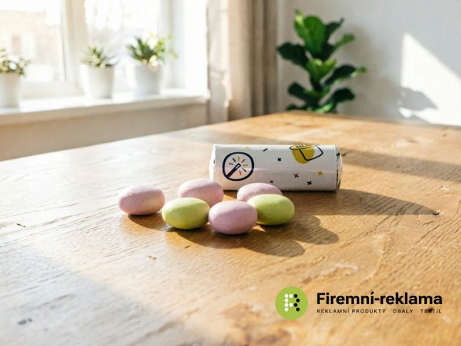 MENTOS Mini Roll s vlastním potiskem, malá rulička 5 bonbonů Mentos na stole, ideální reklamní sladkost pro veletrhy, firemní akce a propagaci značky