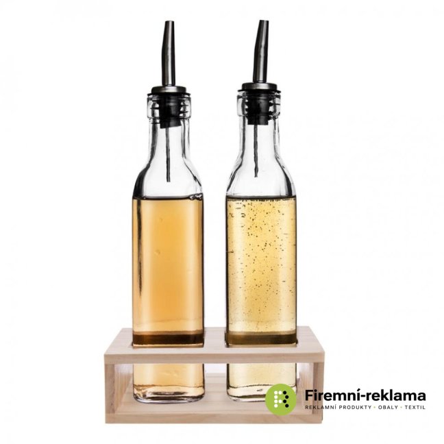 Glass vinegar/oil bottles in rack