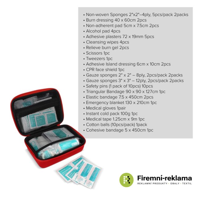 Andes promotional first aid kit – 40 items in a red plastic case with custom printing, suitable as a promotional gift for business partners, clients, and employees.