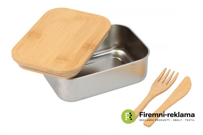 Stainless steel can with bamboo lid and cutlery