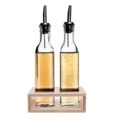 Glass vinegar/oil bottles in rack