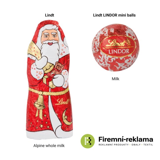 Lindt čokoládová vánoční sada s čoko figurkou Santa Clause a pralinkou Lindt Lindor, perfektní jako firemní vánoční dárek pro klienty a obchodní partnery a firemní vánoční akce a kampaně.