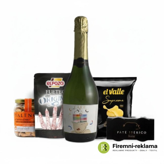 Vánoční balíček Care Tapas se španělským sektem Care Brut 0,75 l, sušenou klobásou Fuet Extra, paštikou, brambůrkami a praženými solenými blanšírovanými mandlemi. Dárková krabička s možností doplnění reklamní samolepky vytvoří originální firemní vánoční dárek pro zaměstnance, klienty i obchodní partnery.