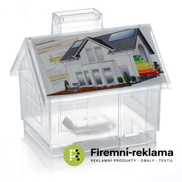 Transparent money box Sweet Home with custom print on the roof
