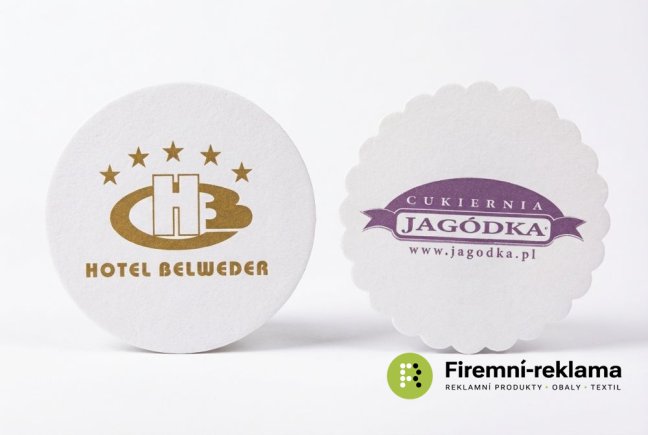 Printed paper coasters, single-ply, 9 cm diameter, custom promotional printing, ideal as paper coasters for cups – thin coasters that are perfect for cafés, bakeries, hotels, bistros, office kitchens, and events.
