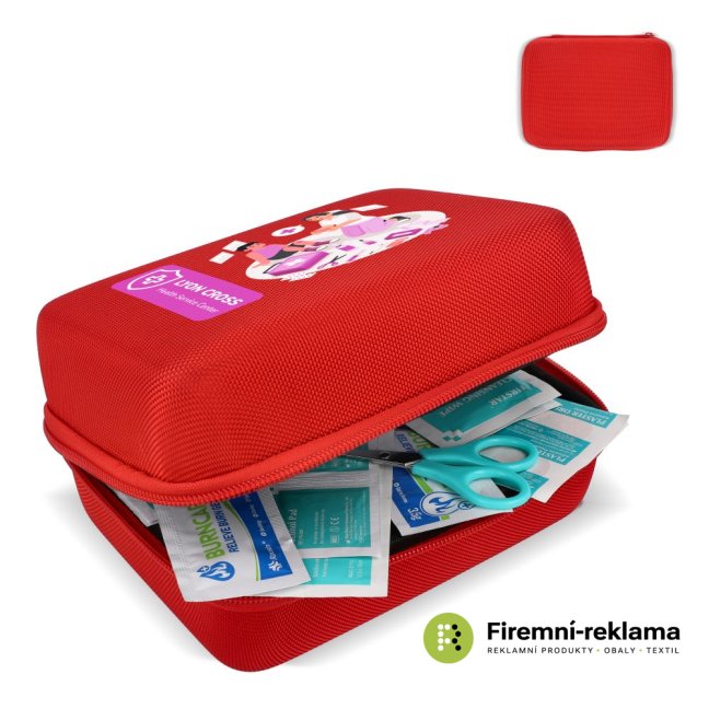 Andes promotional first aid kit – 40 items in a red plastic case with custom printing, suitable as a promotional gift for business partners, clients, and employees.