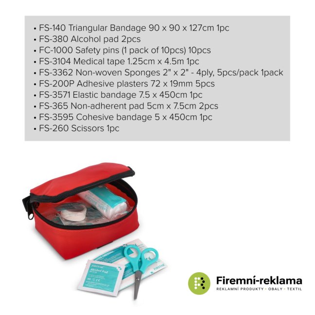 Travel first aid kit for bicycles, first aid kit for hiking - suitable for advertising print on red nylon packaging, contains 16 first aid items, suitable as a corporate gift for employees, sports clubs, event participants