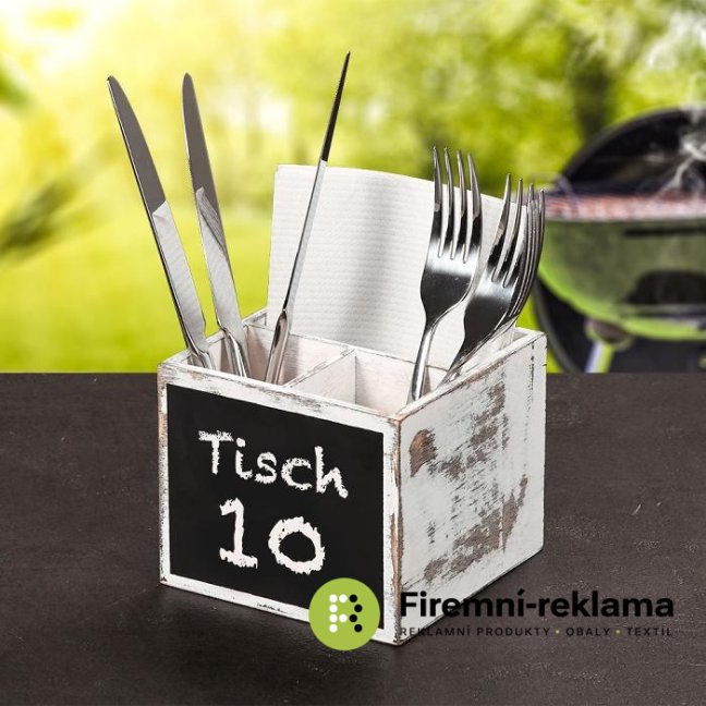 Wooden cutlery stand with chalkboard