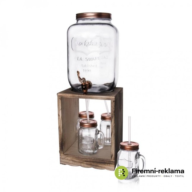 Glass container 8.8 l with a tap and 4 glasses in a stand