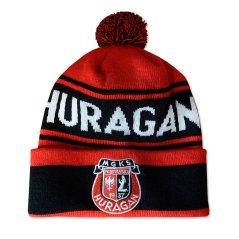 Knitted cap with knitted logo across the cap