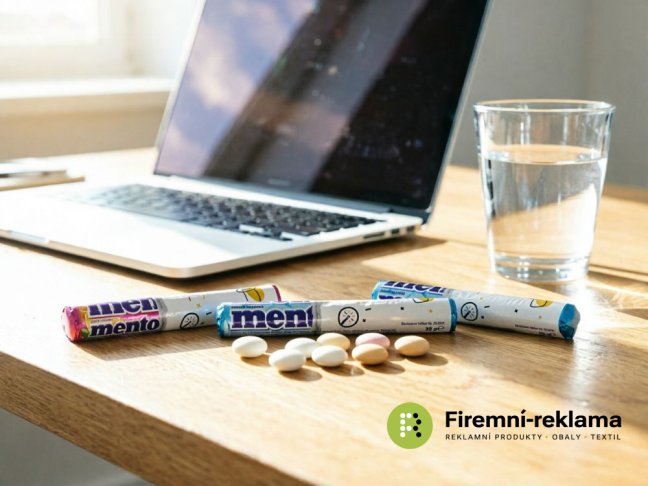 MENTOS Maxi Roll s reklamním potiskem, velké ruličky,  14 mátových  bonbonů Mentos, ideální reklamní sladkost pro veletrhy, firemní akce a propagaci značky