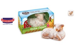 Velikonoční beránek v dárkové reklamní krabičce s vlastním potiskem, rozměr 70 x 70 x 140 mm, ideální firemní dárek na Velikonoce