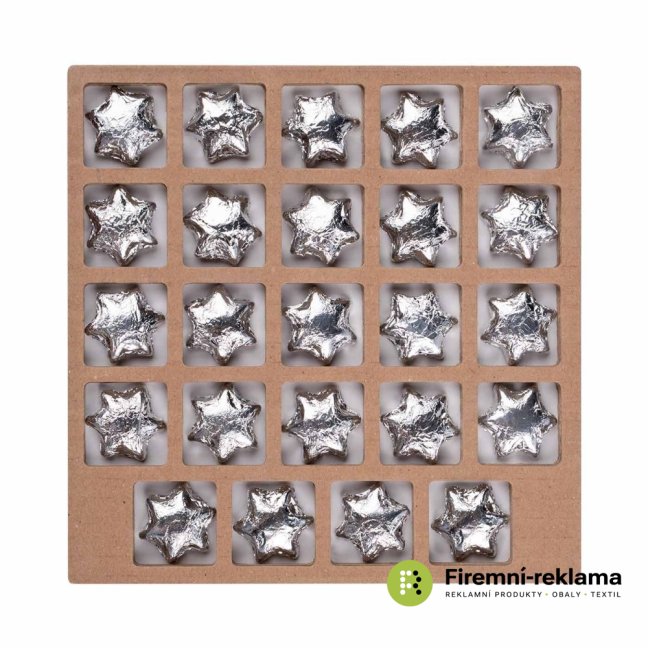 Filling for an ECO square Advent calendar with your own full-color print. 24 milk chocolate stars in silver foil. The Advent calendar is suitable as a promotional Christmas gift for business partners, employees and as part of advertising campaigns.