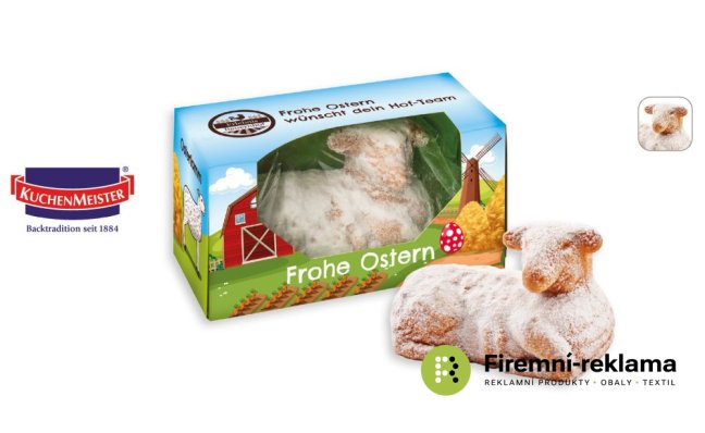 Velikonoční beránek v dárkové reklamní krabičce s vlastním potiskem, rozměr 70 x 70 x 140 mm, ideální firemní dárek na Velikonoce