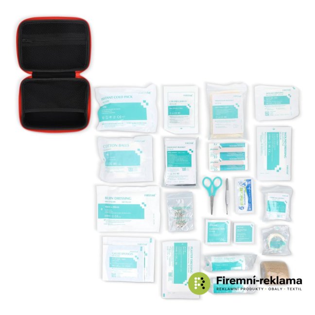 Contents of the Andes promotional first aid kit – 40 first aid items in red packaging suitable for custom printing, first aid kit for the workplace, travel, vacation, home, suitable as a practical promotional item.