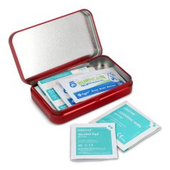 Atlas metal first aid kit containing 20 first aid items, mini first aid kit in a red metal box with custom printing, suitable as a gift for employees and business partners