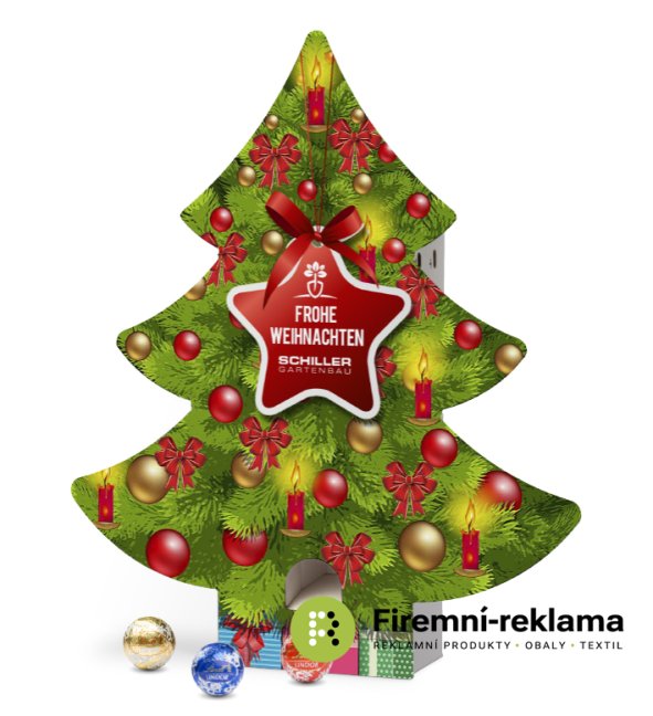 Adventní kalendář Lindt Lindor naplněný 24 kulatými pralinkami z mléčné, hořké, bílé čokolády. Obal z kartonu ve tvaru stromečku s vlastním reklamním potiskem. Vhodné jako prémiový firemní vánoční dárek pro obchodní partnery, klienty a zaměstnance.