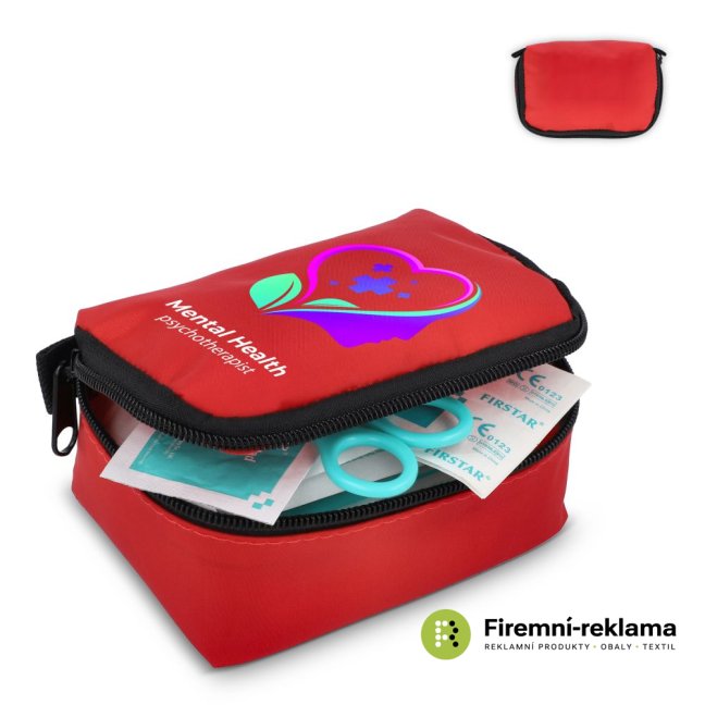 Travel first aid kit for bicycles, first aid kit for hiking - with advertising print on red nylon packaging, contains 16 first aid items, suitable as a corporate gift for employees, sports clubs, event participants