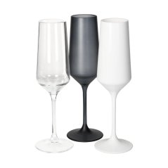 Vista plastic champagne glasses, with custom printing option, transparent, white, and matte black