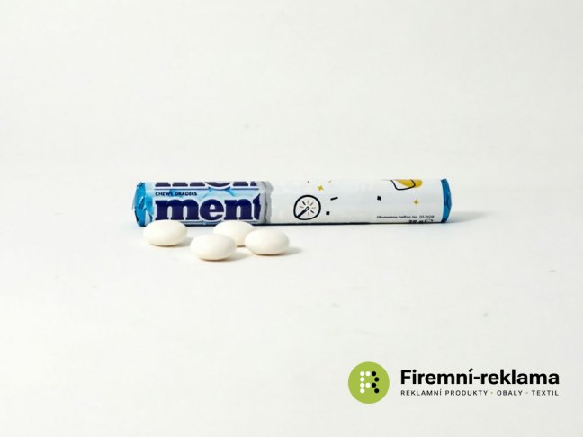 MENTOS Maxi Roll s reklamním potiskem, velká rulička 14 mátových  bonbonů Mentos, ideální reklamní sladkost pro veletrhy, firemní akce a propagaci značky