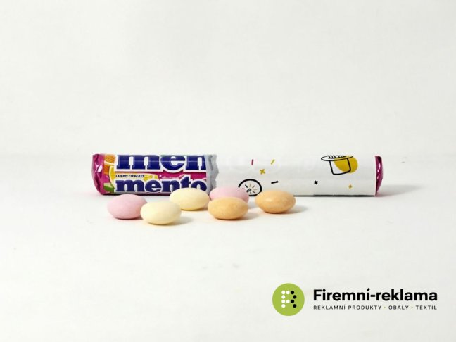 MENTOS Maxi Roll s reklamním potiskem, velká rulička 14 ovocných bonbonů Mentos, ideální reklamní sladkost pro veletrhy, firemní akce a propagaci značky