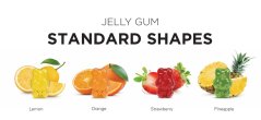 Advertising jelly candies – standard colors (yellow, orange, red, green) and standard flavors (lemon, orange, strawberry, pineapple)