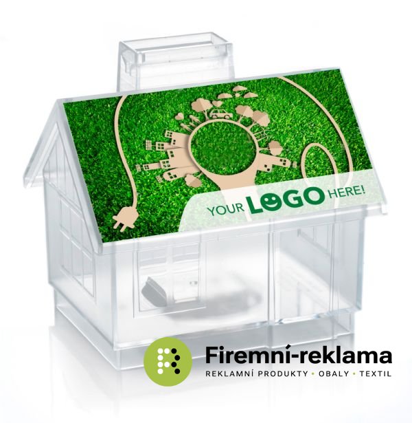 Transparent money box Sweet Home with custom print on the roof