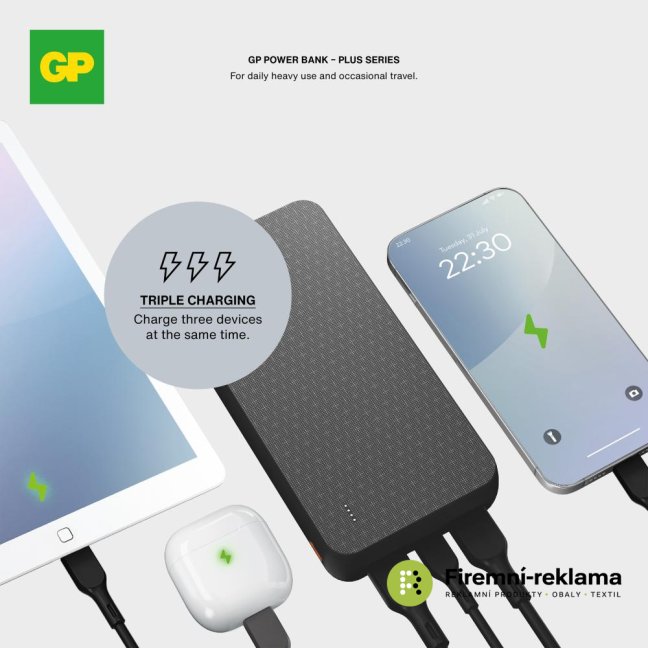 Powerbanka s kapacitou 20000 mAh GP B+ Series, 3 barvy, k nabíjení 3 zařízení současně