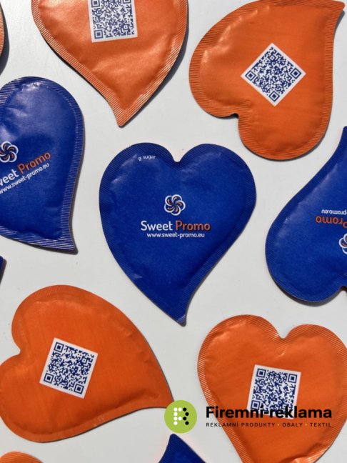 Reklamní cukr ve tvaru srdce s vlastním potiskem - Balení: 3000ks