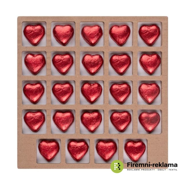 Filling for an ECO square Advent calendar with your own full-color print. 24 milk chocolate hearts in red foil. The Advent calendar is suitable as a promotional Christmas gift for business partners, employees and as part of advertising campaigns.