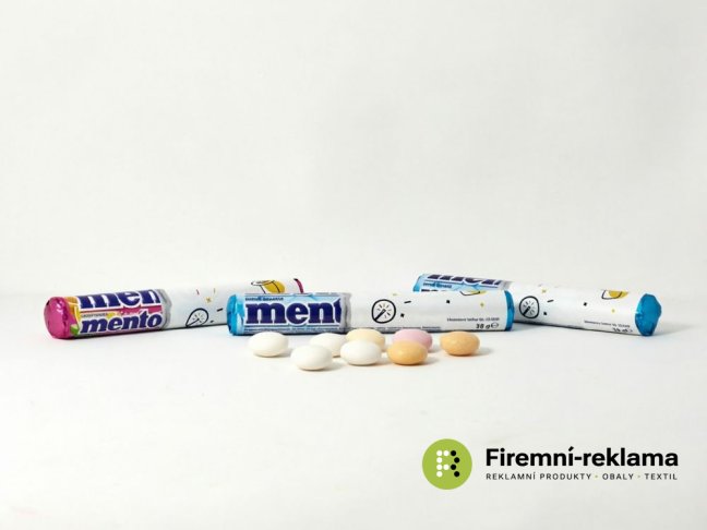 MENTOS Maxi Roll s reklamním potiskem, velké ruličky,  14 mátových  bonbonů Mentos, ideální reklamní sladkost pro veletrhy, firemní akce a propagaci značky