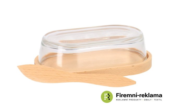 Wooden butter bowl with glass lid and knife