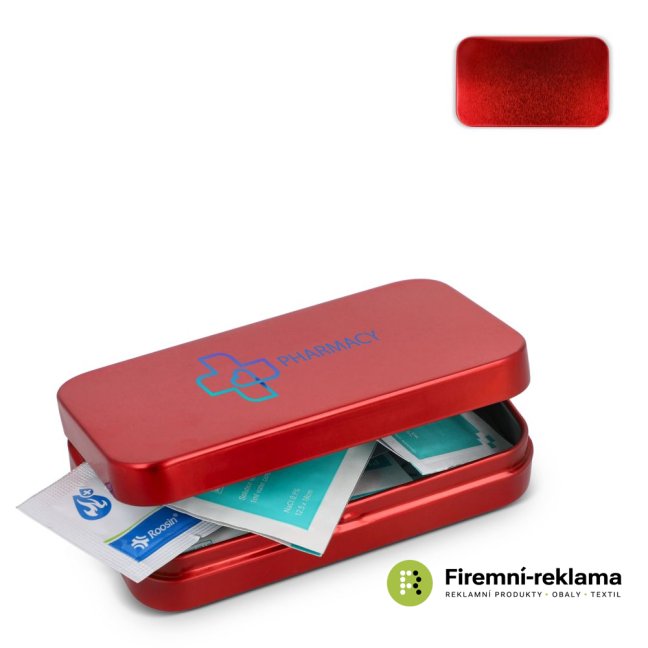 Atlas metal first aid kit containing 20 first aid items, mini first aid kit in a red metal box with custom printing, suitable as a gift for employees and business partners