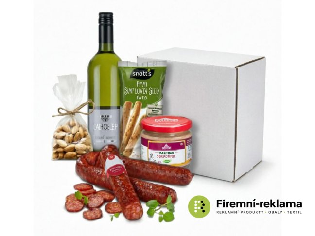 Vánoční balíček Lahofer Gourmet s moravským vínem Lahofer 0,75 l, paštikou s brusinkami, Dunajskou klobásou, tyčinkami se semínky a praženými solenými blanšírovanými mandlemi. Dárková krabička umožní doplnění reklamní samolepky s logem společnosti. Ideální firemní vánoční dárek pro zaměstnance, klienty i obchodní partnery.