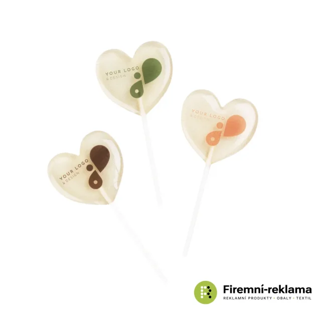 Sugar-free fruit lollipop, heart-shaped, with custom printing on edible paper