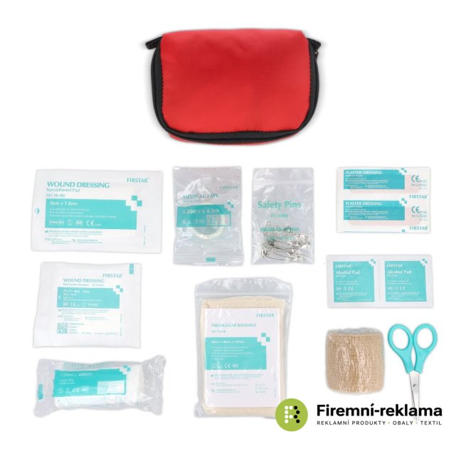 Travel first aid kit for bicycles, first aid kit for hiking - suitable for advertising print on red nylon packaging, contains 16 first aid items, suitable as a corporate gift for employees, sports clubs, event participants
