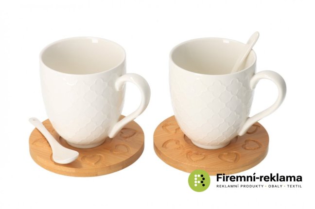 Wooden coaster with porcelain cup 0.37 l spoon 2 pcs