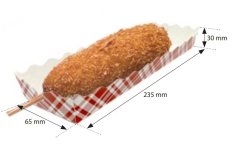 Paper food tray (corn dogs, sausages, baguettes, etc.) with custom printing Paper food tray (corn dogs, sausages, baguettes, etc.) with custom printing
