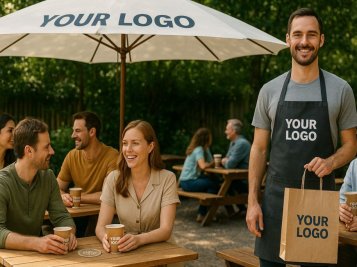 Reklamní předměty na letní restaurační zahrádku - slunečníky, papírové kelímky, podtácky, papírové tašky, pracovní oblečení s vlastním potiskem