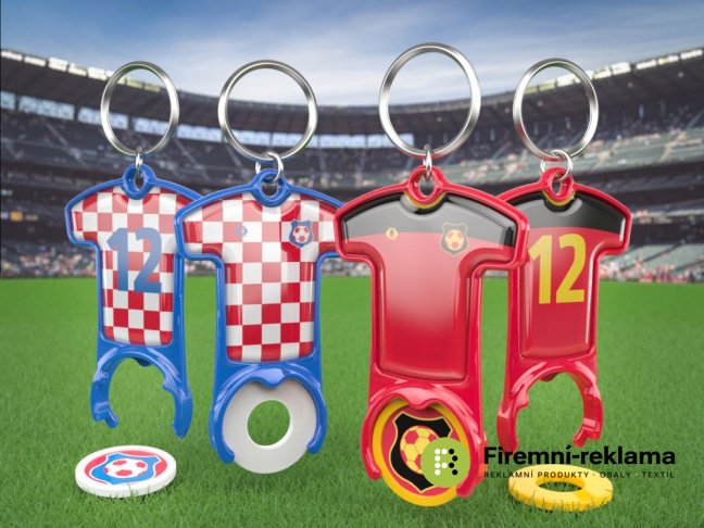 BMTS4 Promotional Keychains - Custom-printed keychains shaped like football shirts, keychains with shopping cart tokens, double-sided full-color printing, ideal promotional items for football clubs