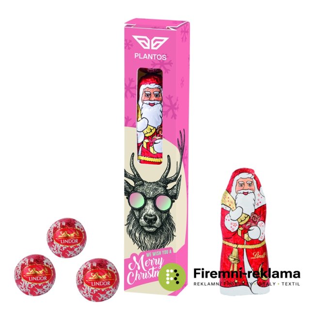 Lindt čokoládová vánoční sada v reklamní krabičce, s čoko figurkou Santa Clause a 3 mini kuličkami Lindt Lindor, perfektní jako firemní vánoční dárek pro klienty a obchodní partnery a firemní vánoční akce a kampaně.