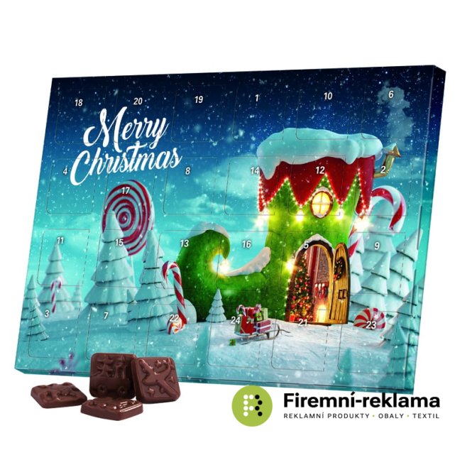 Klasický adventní kalendář s vlastním barevným potiskem, vhodný na stůl, elegantní reklamní dárek s 24 mini čokoládkami z Fairtrade surovin.