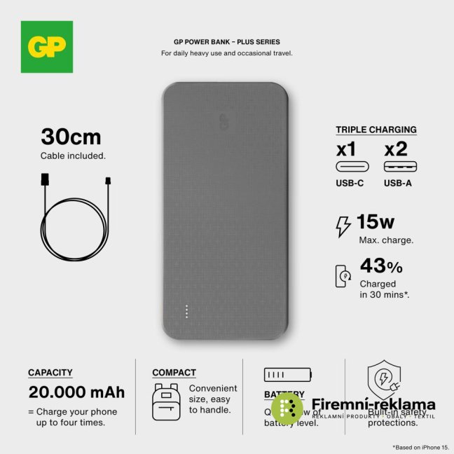 Powerbanka s kapacitou 20000 mAh GP B+ Series černá, s parametry, powerbanka vhodná jako firemní dárek, promo předmět nebo zaměstnanecký benefit