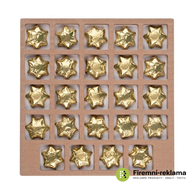 Filling for an ECO square Advent calendar with your own full-color print. 24 milk chocolate stars in gold foil. The Advent calendar is suitable as a promotional Christmas gift for business partners, employees and as part of advertising campaigns.